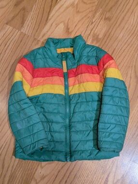 Cat & Jack Green Puffer Jacket with Red, Orange & Yellow Stripes